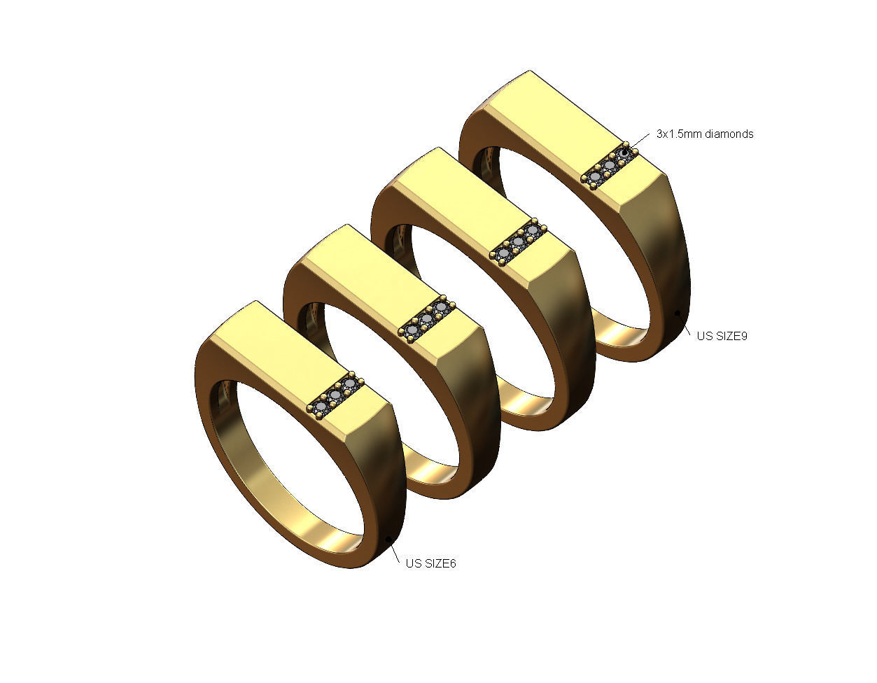 Diamond line rectangular signet ring US sizes 6to9 3D print model_1