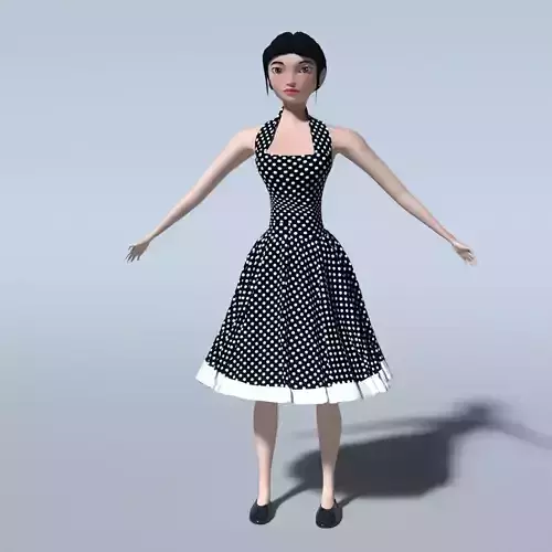 3d character woman in polka dot dress