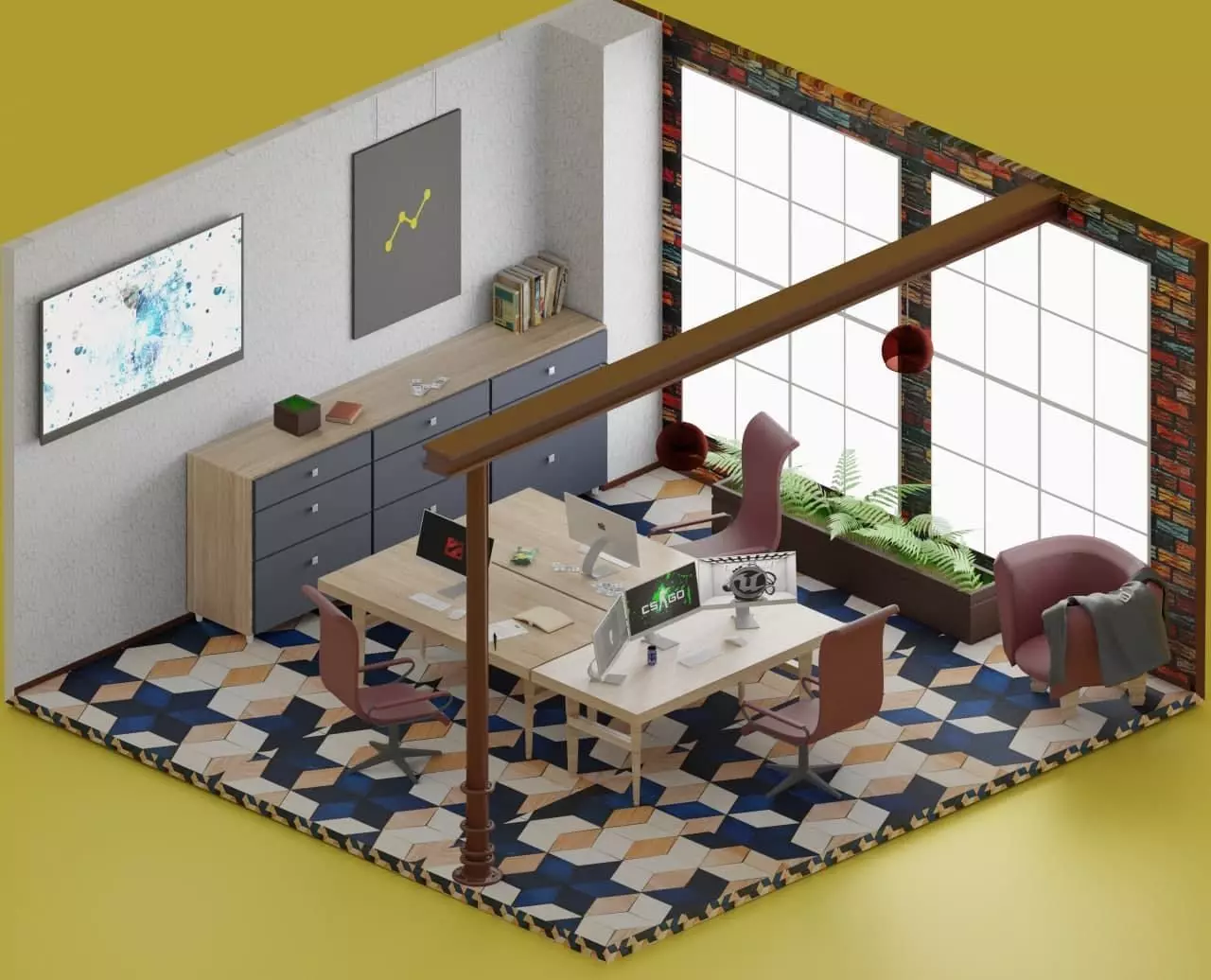 Cloack office with desk and chairs 3D print model