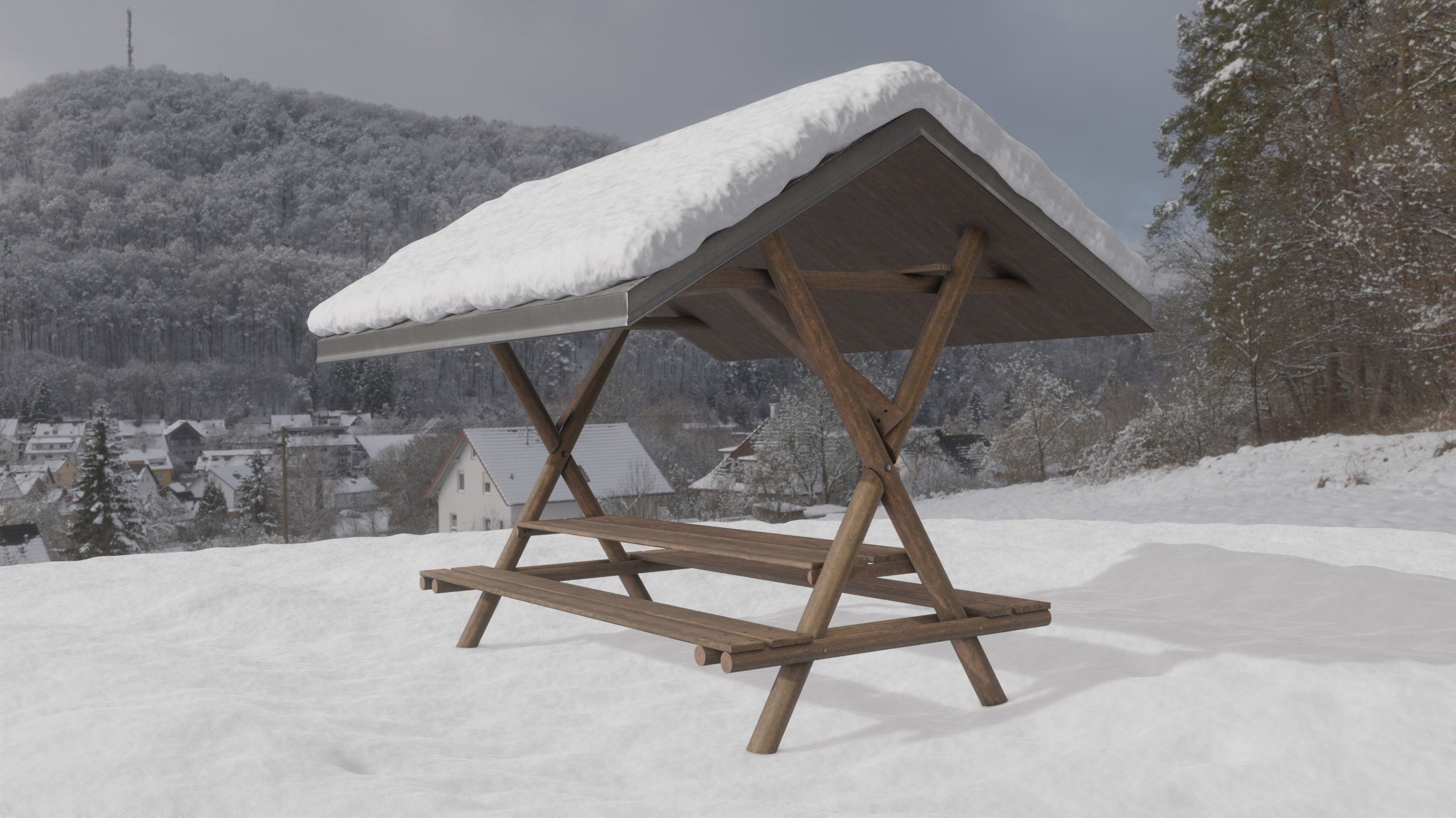 Resting Place Table Bench - Winter Version Low-poly 3D model_3