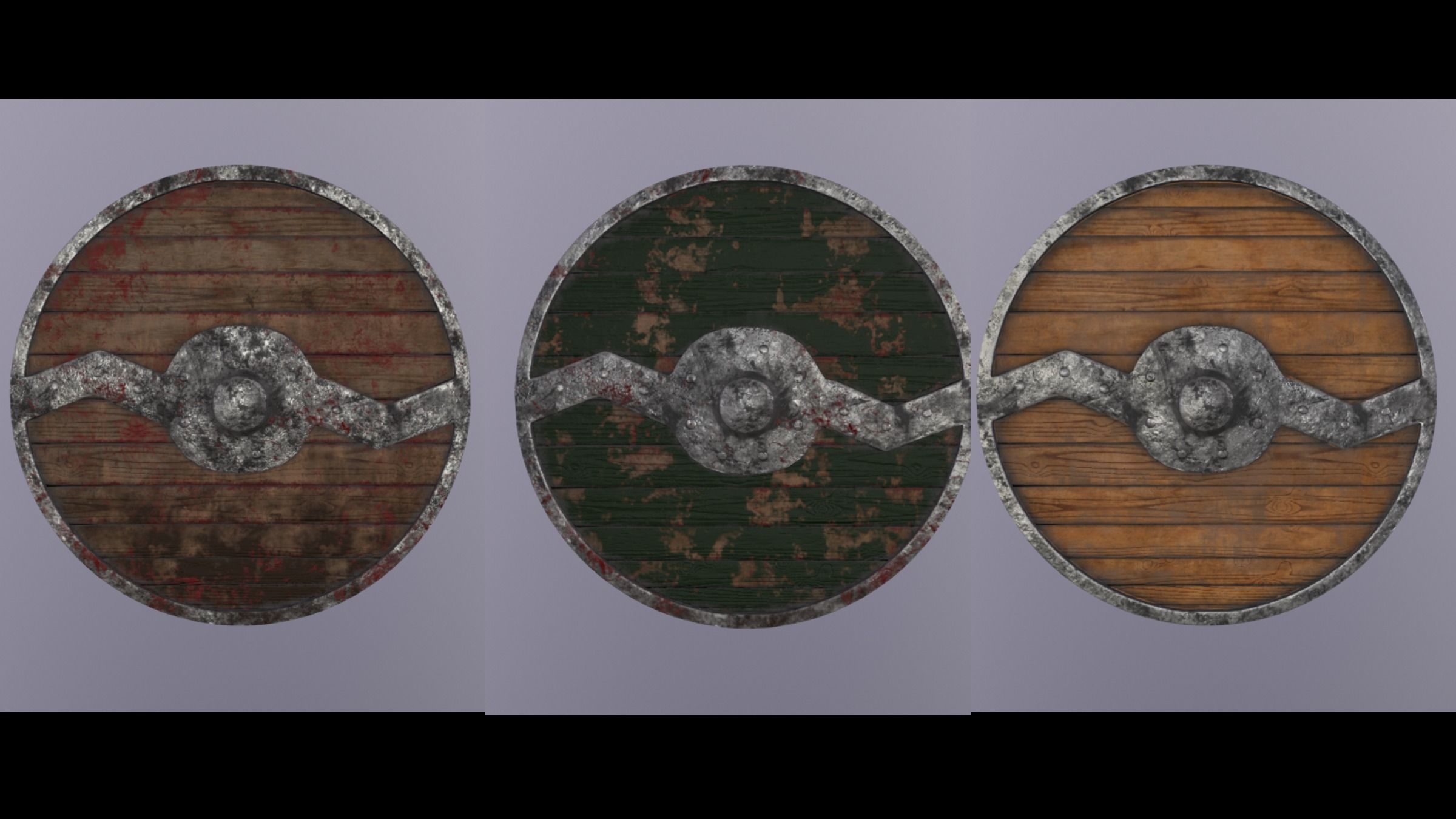 Round wooden shield with horizontal angular reinforcement Low-poly 3D model_0