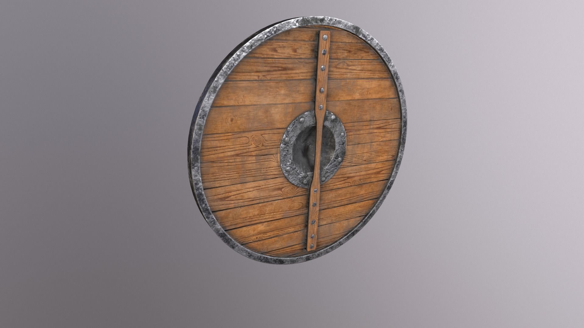 Round wooden shield with horizontal angular reinforcement Low-poly 3D model_3