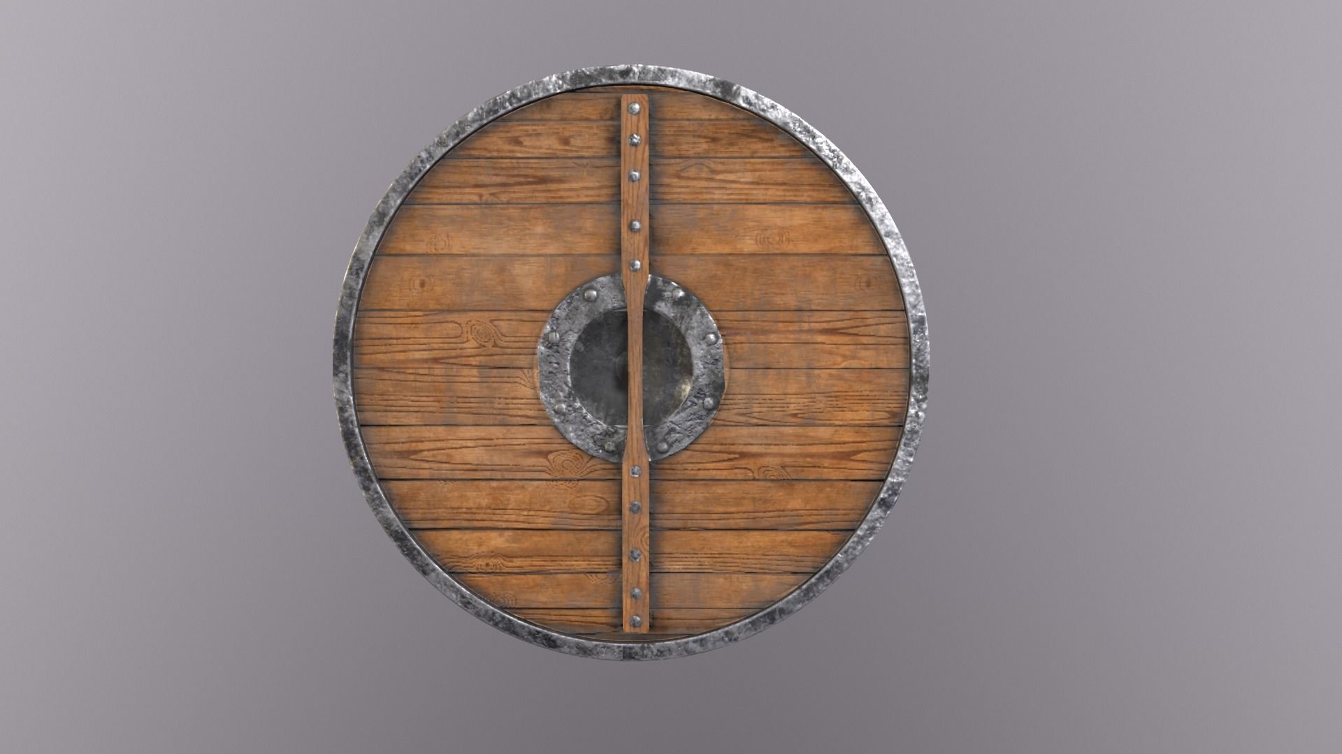 Round wooden shield with horizontal angular reinforcement Low-poly 3D model_4