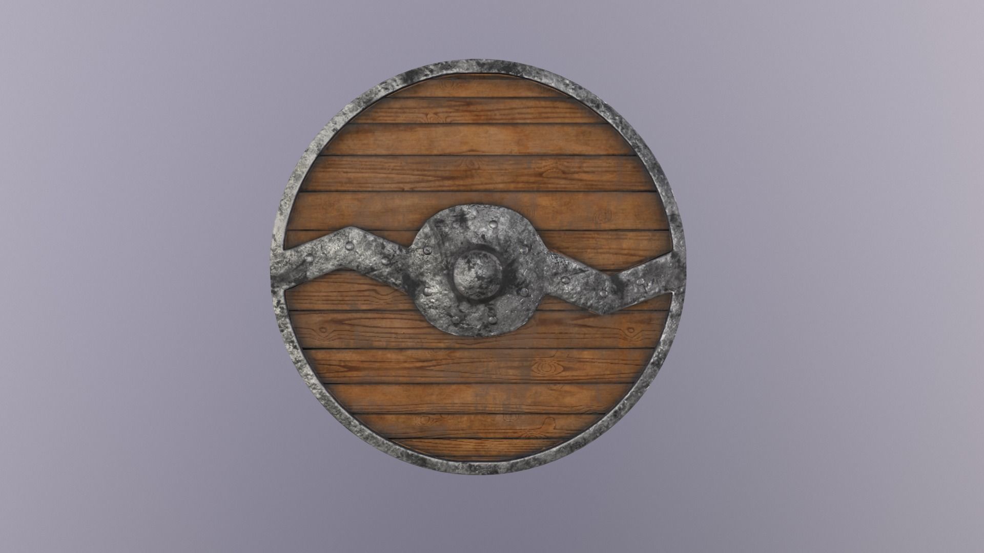 Round wooden shield with horizontal angular reinforcement Low-poly 3D model_1