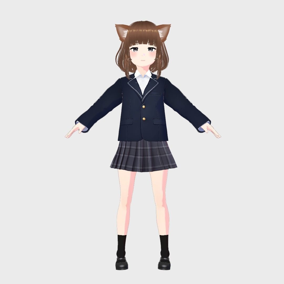 ASIAN GIRL CAT KITTEN STUDENT RIGGED T POSE SHAPE KEYS Low-poly 3D model_1