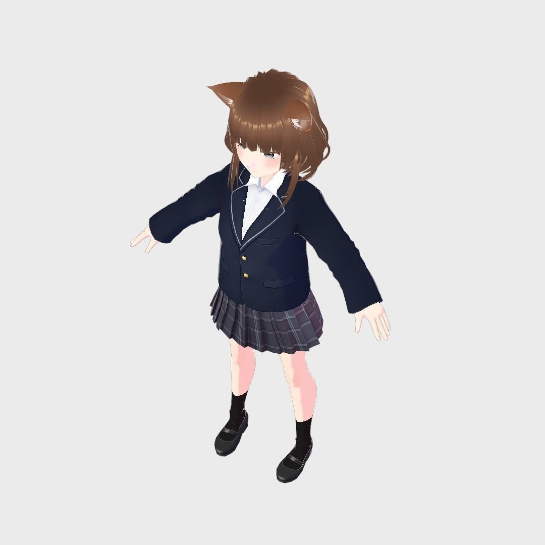 ASIAN GIRL CAT KITTEN STUDENT RIGGED T POSE SHAPE KEYS Low-poly 3D model_10