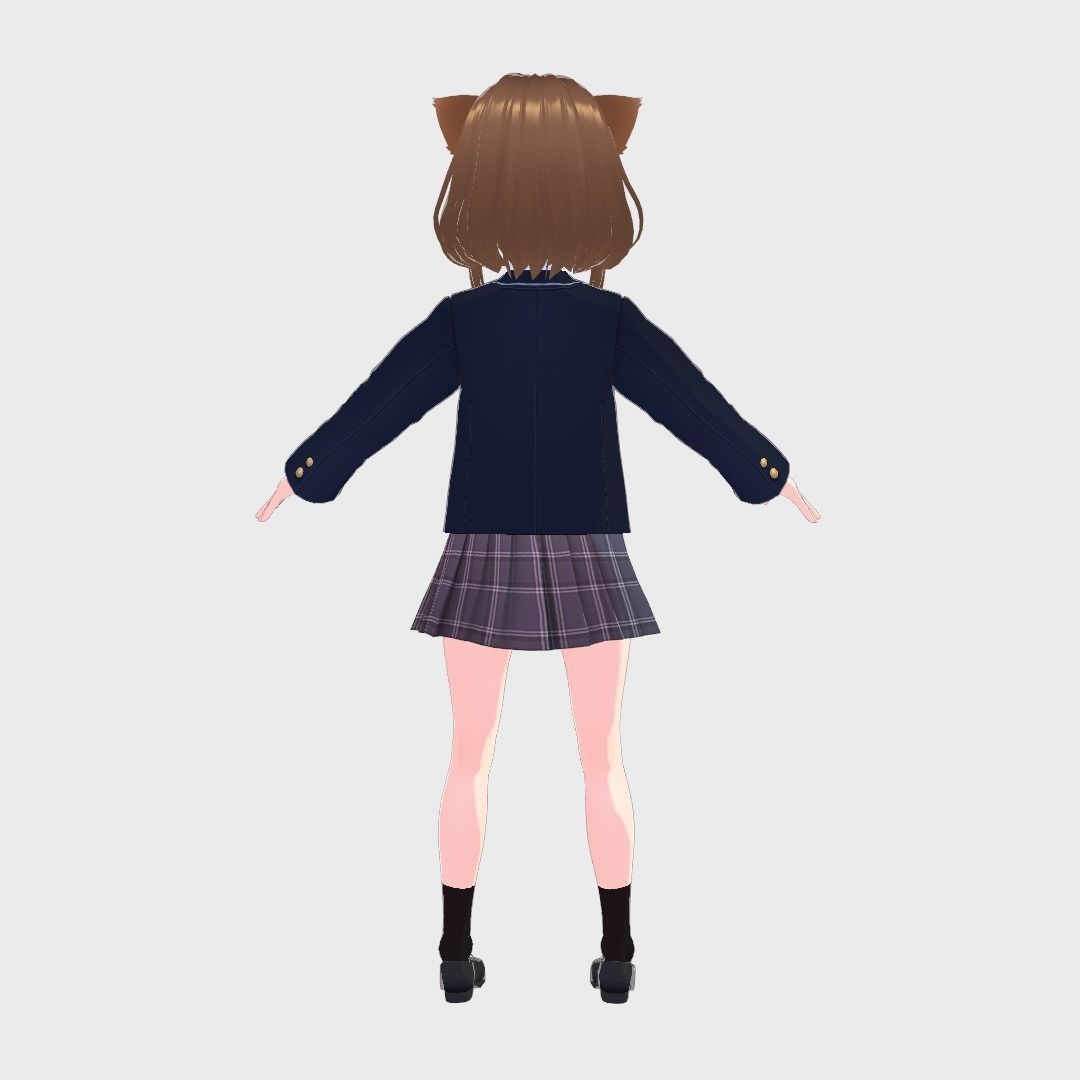 ASIAN GIRL CAT KITTEN STUDENT RIGGED T POSE SHAPE KEYS Low-poly 3D model_6