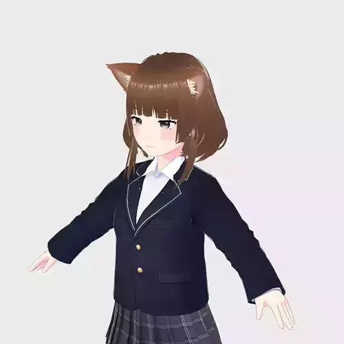 ASIAN GIRL CAT KITTEN STUDENT RIGGED T POSE SHAPE KEYS Low-poly 3D model