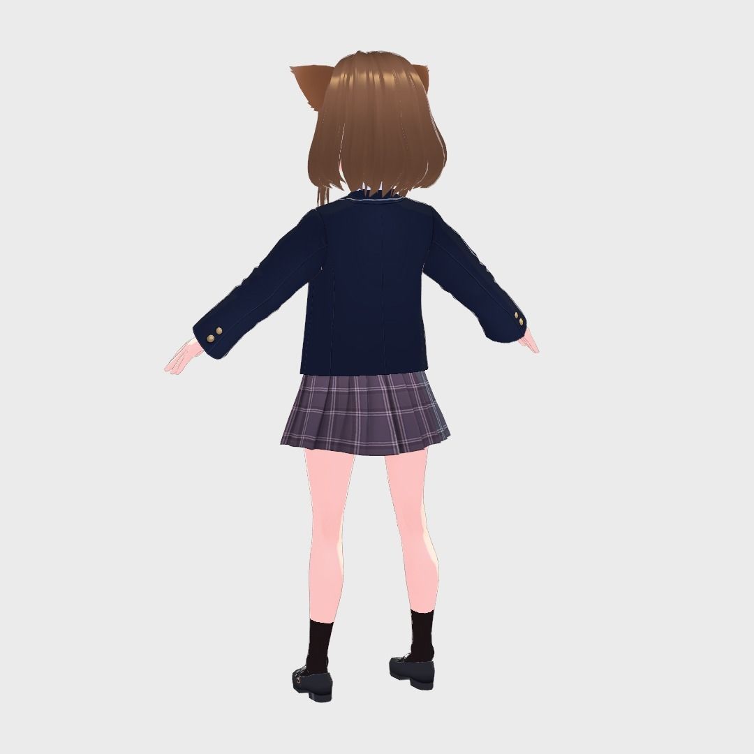 ASIAN GIRL CAT KITTEN STUDENT RIGGED T POSE SHAPE KEYS Low-poly 3D model_5
