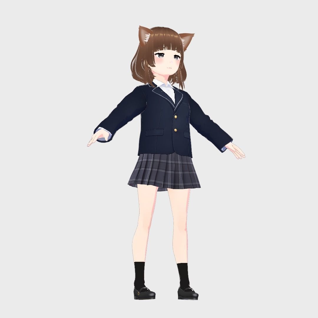 ASIAN GIRL CAT KITTEN STUDENT RIGGED T POSE SHAPE KEYS Low-poly 3D model_9