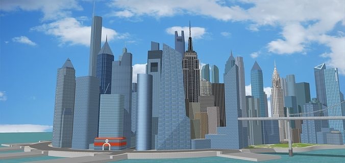 Castelia-City city with bridges and skyscrapers Low-poly 3D model