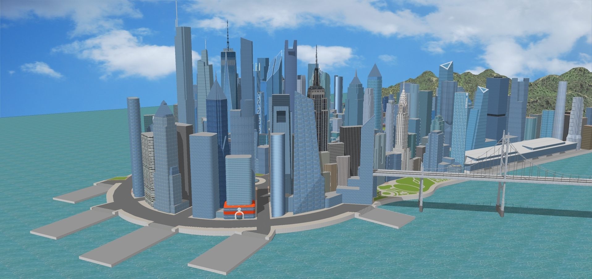 Castelia-City city with bridges and skyscrapers Low-poly 3D model_1