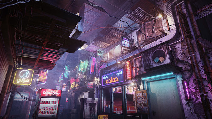 Cairo City Cyberpunk Streets - Animated Neon Signs - Day - Night 3D model 4