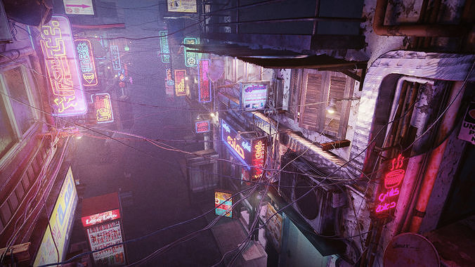 Cairo City Cyberpunk Streets - Animated Neon Signs - Day - Night 3D model 6