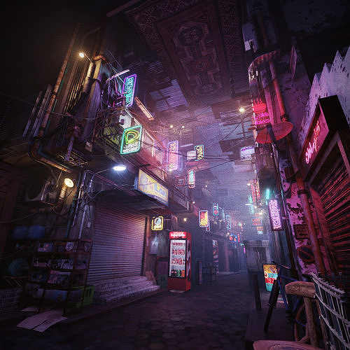 Cairo City Cyberpunk Streets - Animated Neon Signs - Day - Night 3D model 2
