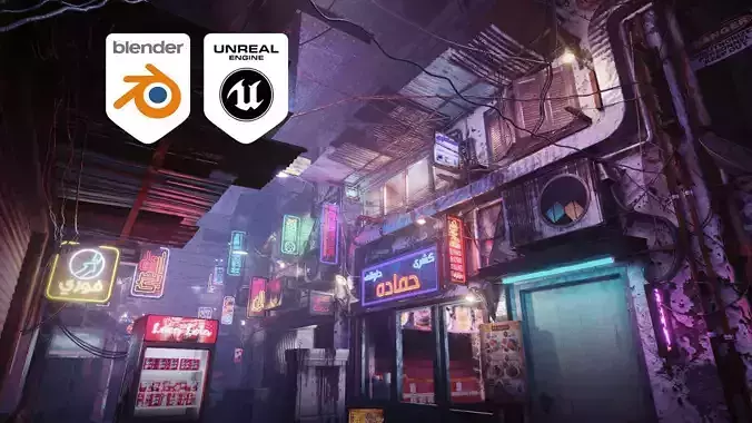Cairo City Cyberpunk Streets - Animated Neon Signs - Day - Night 3D model
