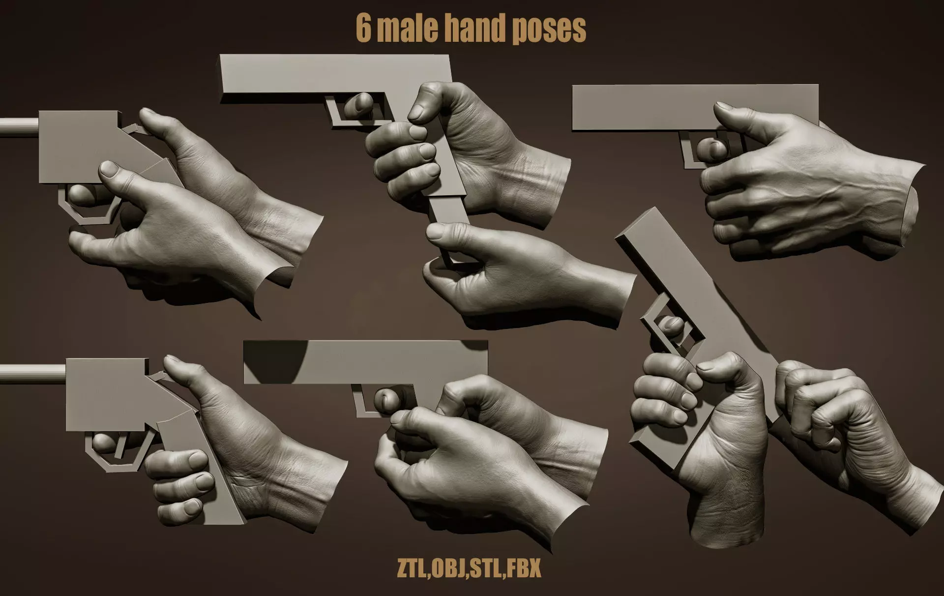 6 male hand poses 3D model_0