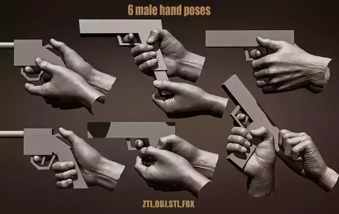 6 male hand poses 3D model 6 male hand poses 3D model