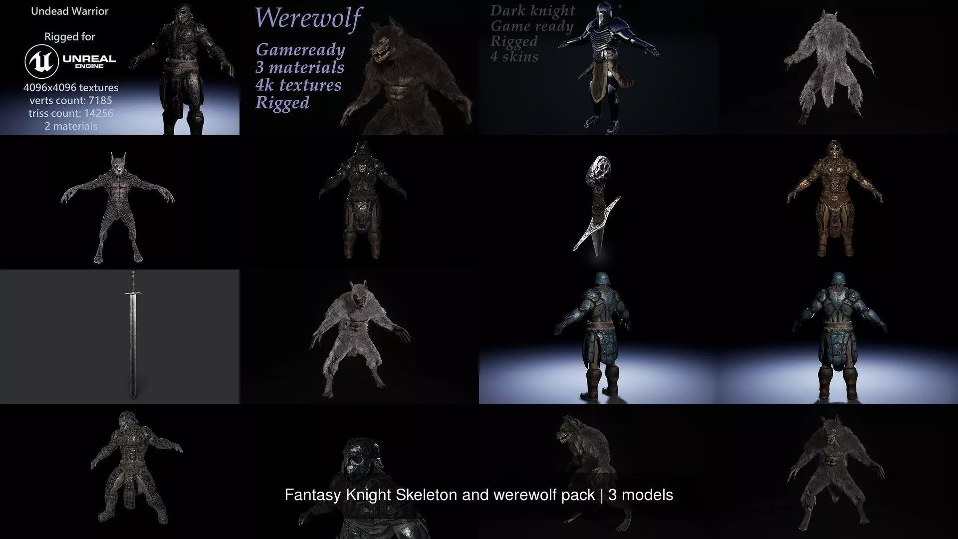 Fantasy Knight Skeleton and werewolf pack 3D Model Collection_0