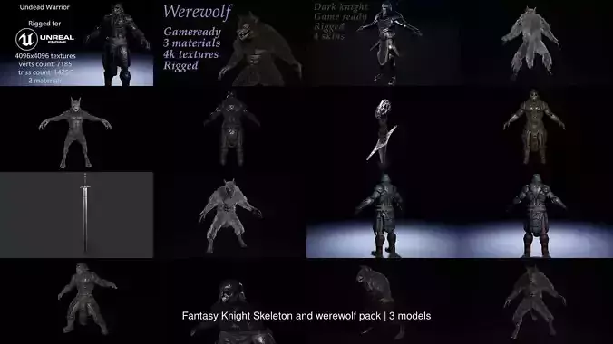 Fantasy Knight Skeleton and werewolf pack 3D Model Collection
