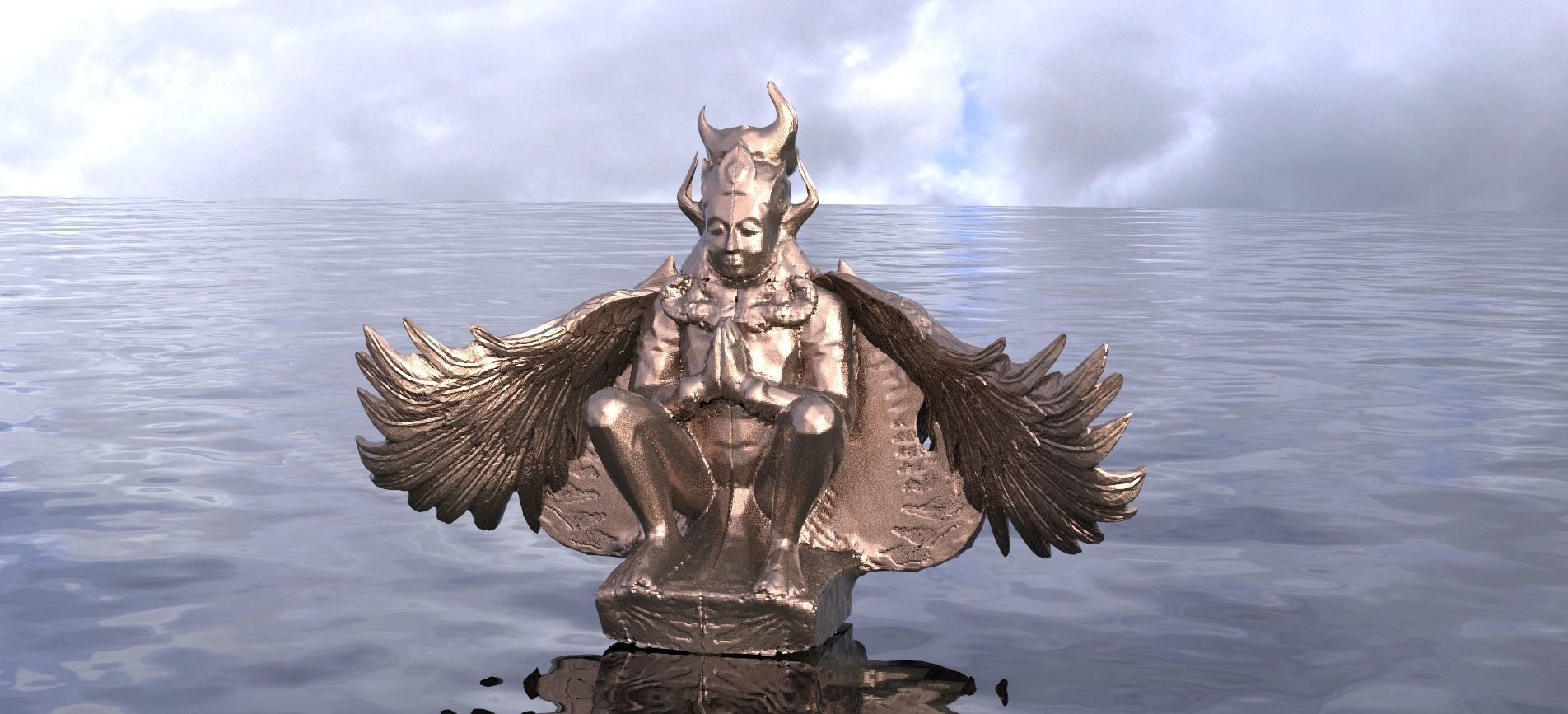 Ancient Deity Statue Wings open 3D model_1