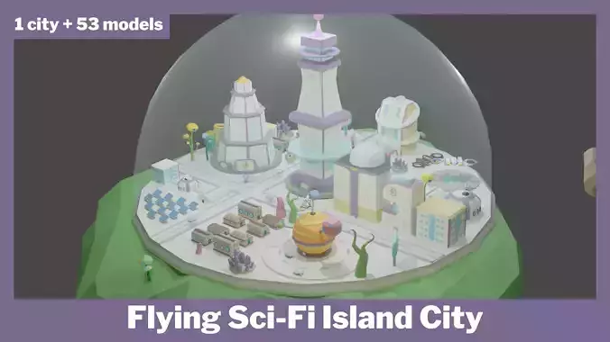 Flying Sci Fi Island City Low-poly 3D model Flying Sci Fi Island City Low-poly 3D model