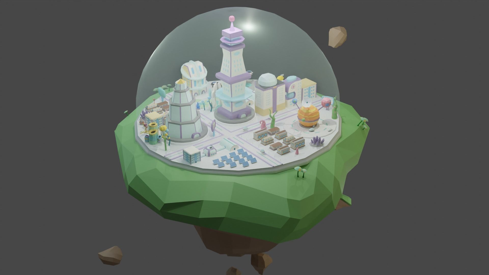 Flying Sci Fi Island City Low-poly 3D model_1