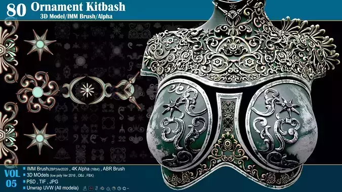 80 Sahra Ornament Kitbash 3D Model-IMM Brush-Alpha VOL05 Low-poly 3D model