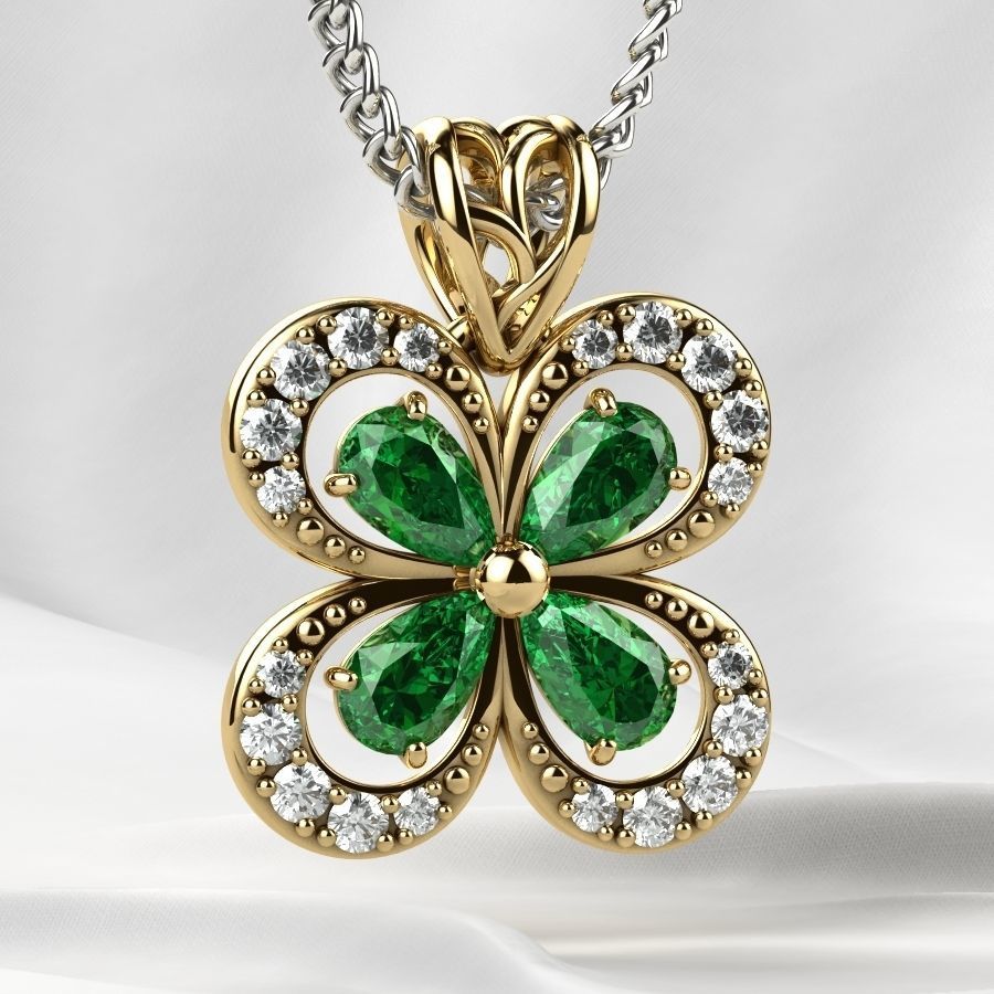 Emeralds Clover Gold Pendant 3D print model_12