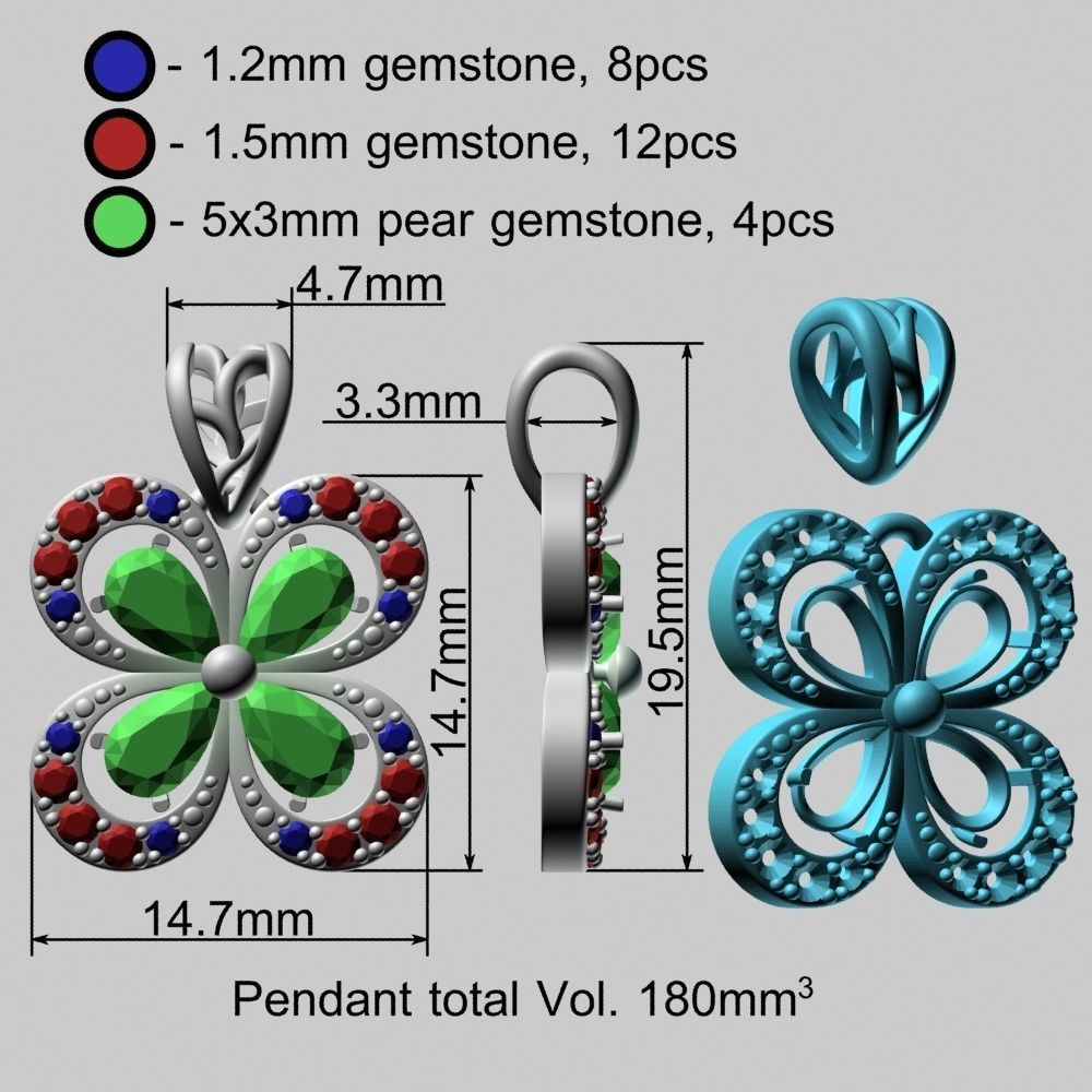 Emeralds Clover Gold Pendant 3D print model_19