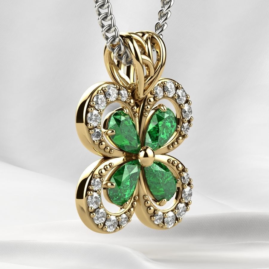 Emeralds Clover Gold Pendant 3D print model_14