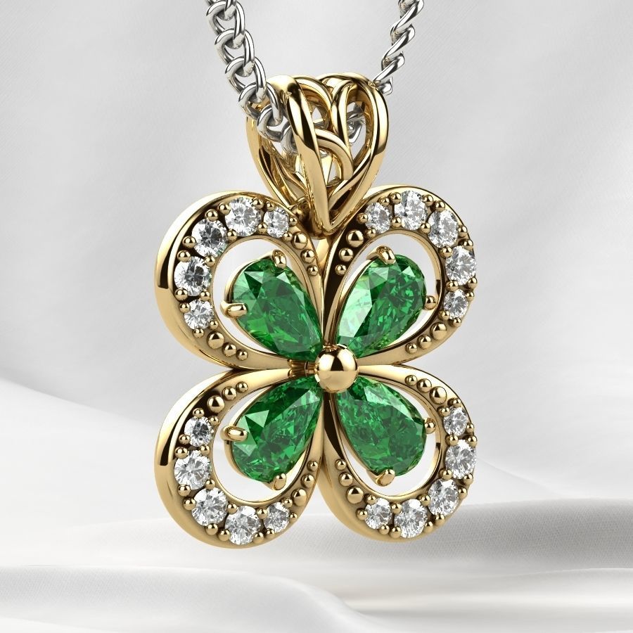 Emeralds Clover Gold Pendant 3D print model_13