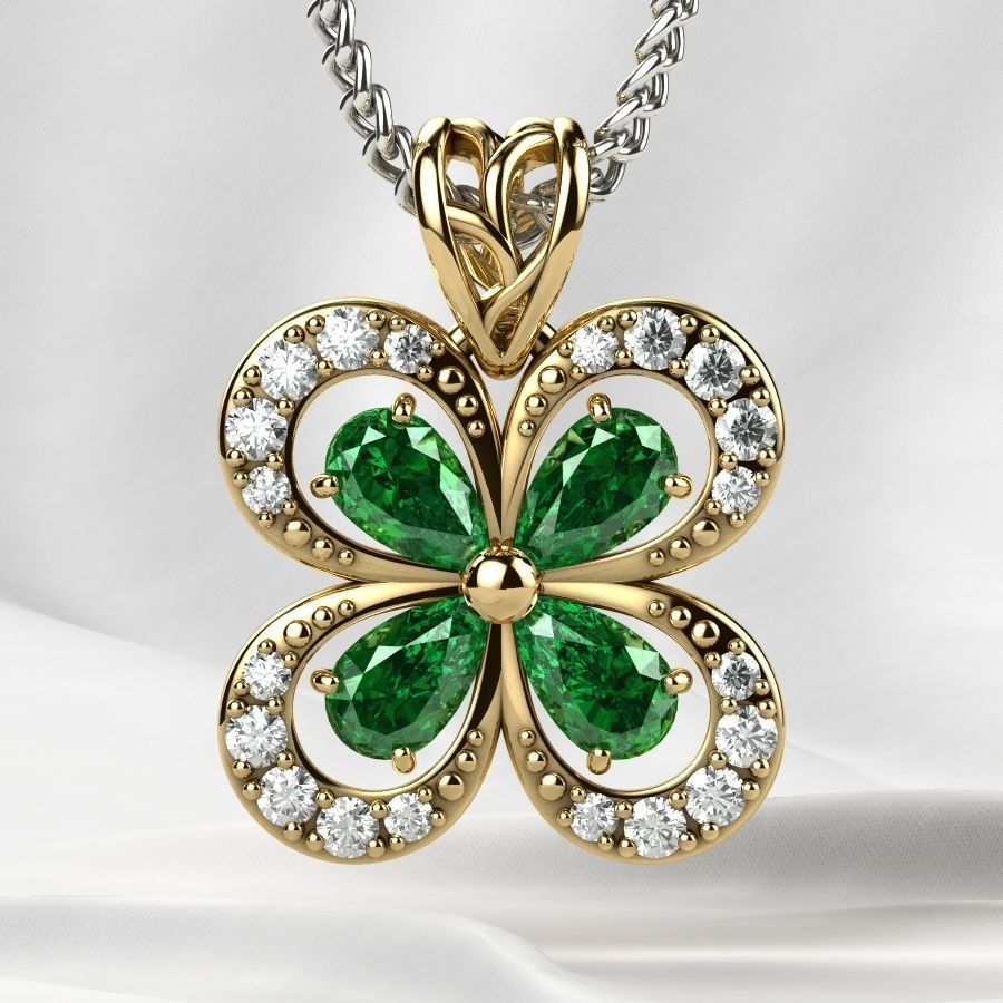 Emeralds Clover Gold Pendant 3D print model_1