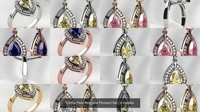Citrine Pear Ring and Pendant Set 3D Model Collection