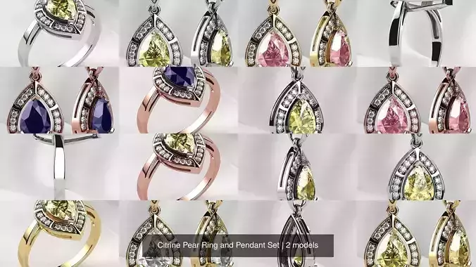 Citrine Pear Ring and Pendant Set 3D Model Collection