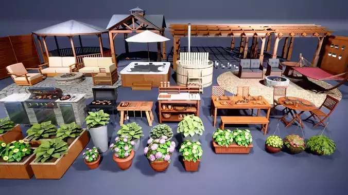 Backyard Patio furniture and props Low-poly 3D model