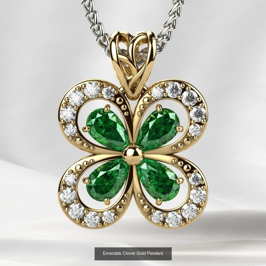 Emeralds Clover Gold  Ring and Pendant 3D Model Collection_2