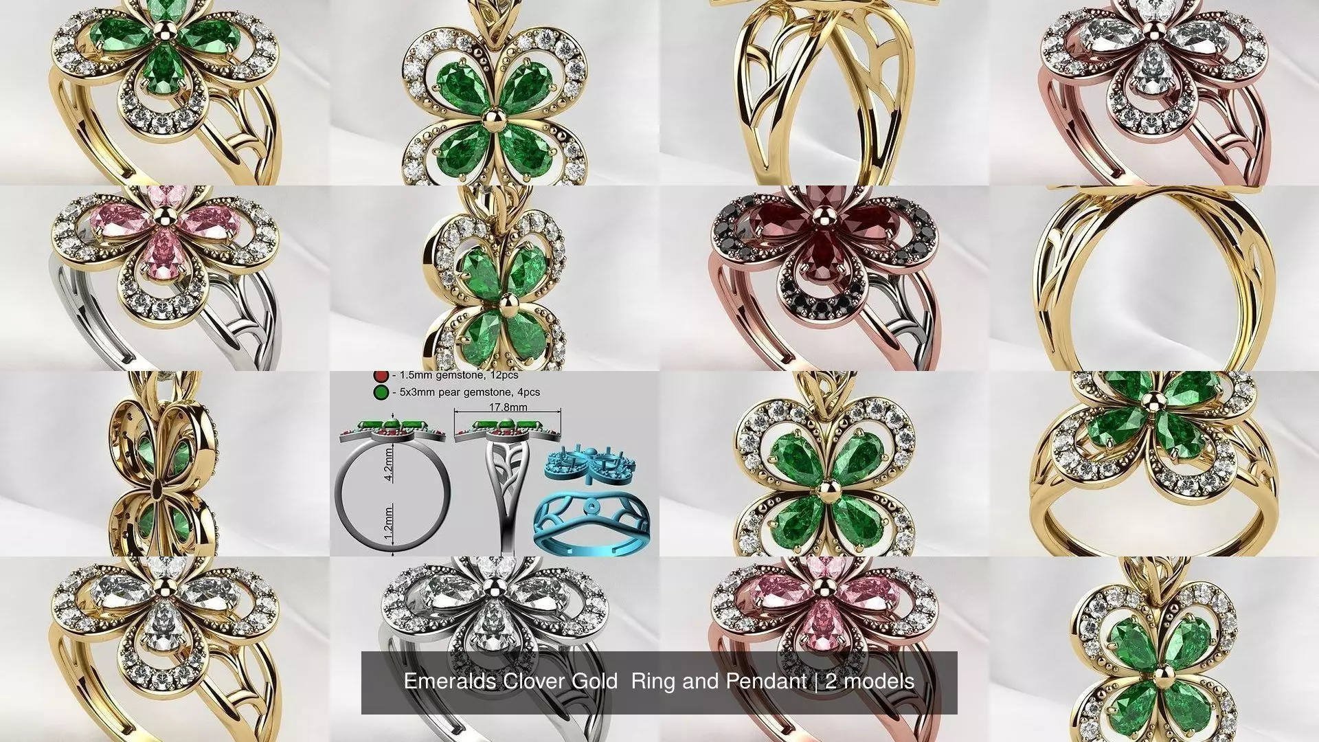 Emeralds Clover Gold  Ring and Pendant 3D Model Collection_0