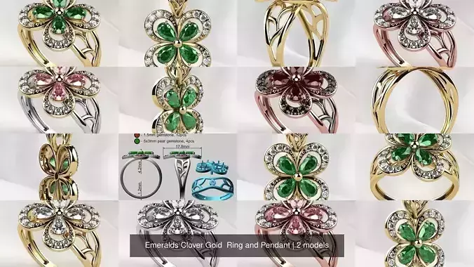 Emeralds Clover Gold  Ring and Pendant 3D Model Collection