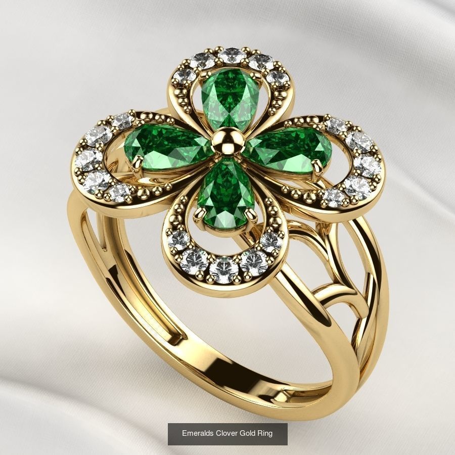 Emeralds Clover Gold  Ring and Pendant 3D Model Collection_1