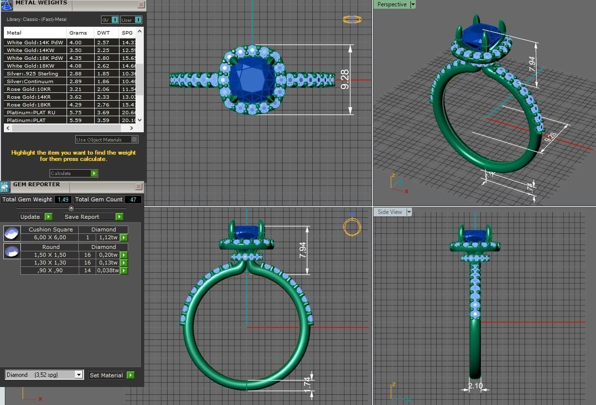 gold engagement ring 6x6mm cushion square diamond  3D print model_3