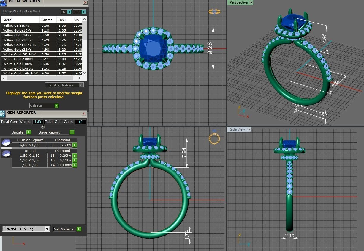 gold engagement ring 6x6mm cushion square diamond  3D print model_2