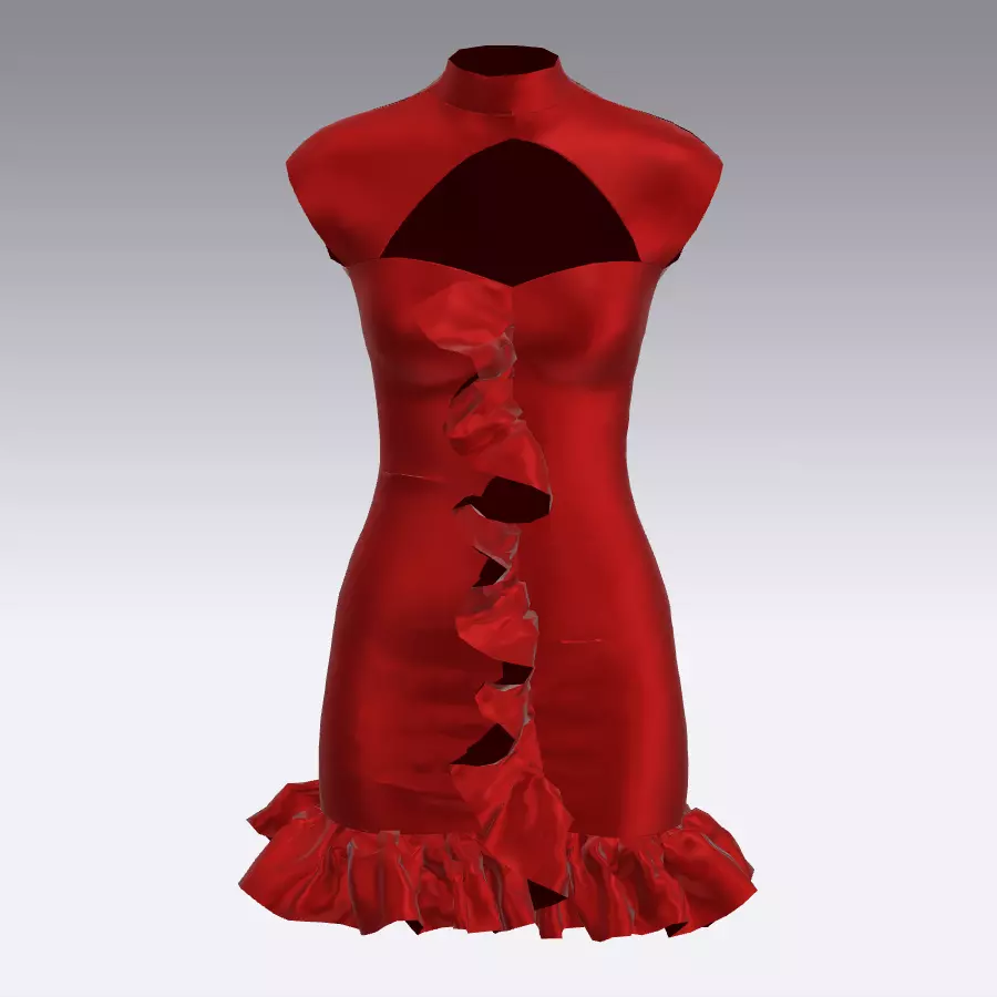 DRESS ELASTIC SATIN RED RUFFLED LOOK 3D model