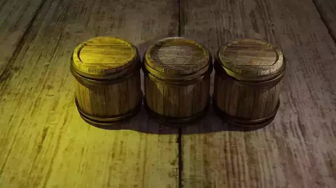 Barrels three wooden on wooden table