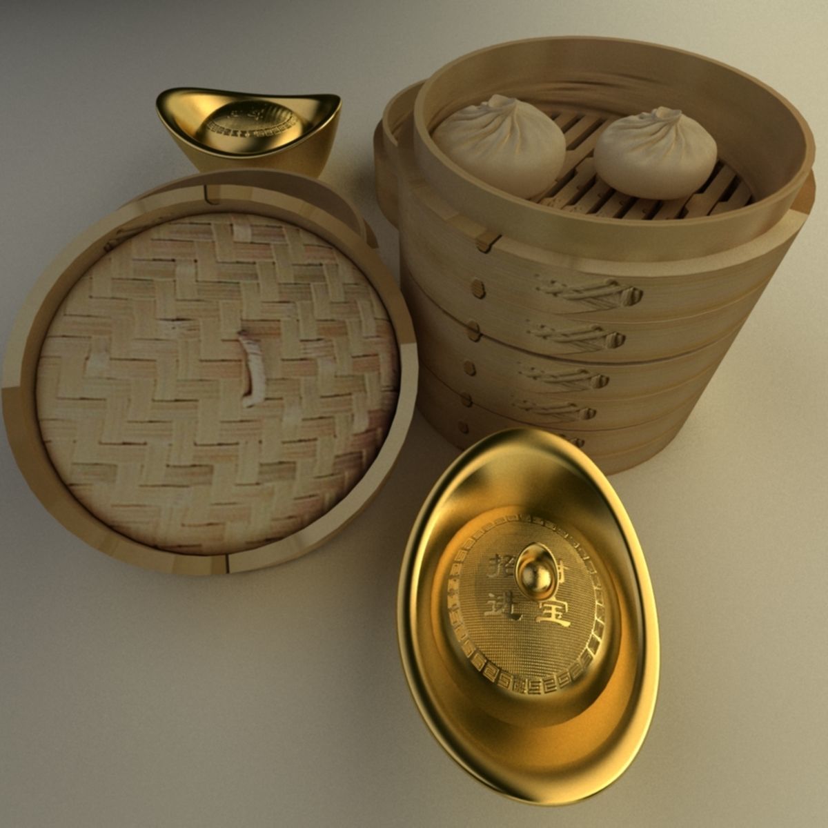 Chinese gold Ingot  and bamboo steamer  3D model_4