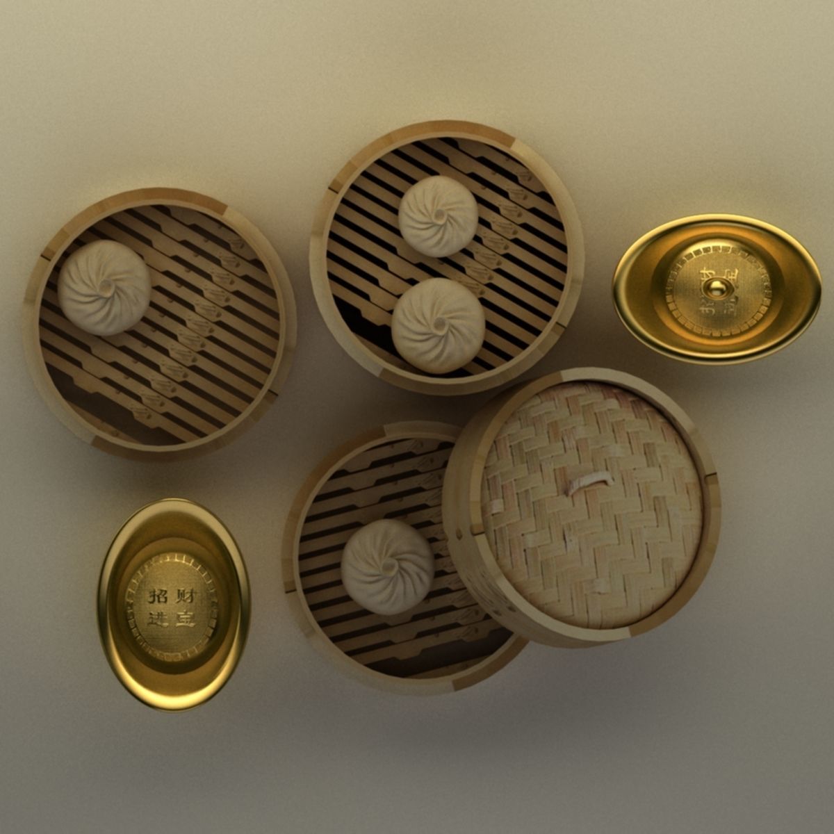 Chinese gold Ingot  and bamboo steamer  3D model_2