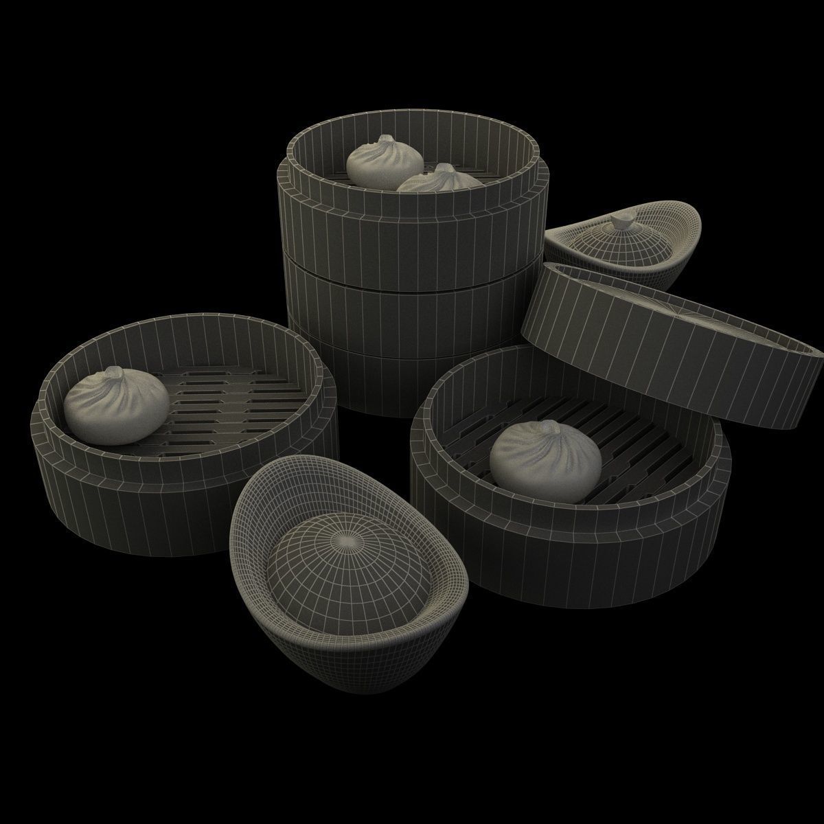 Chinese gold Ingot  and bamboo steamer  3D model_6
