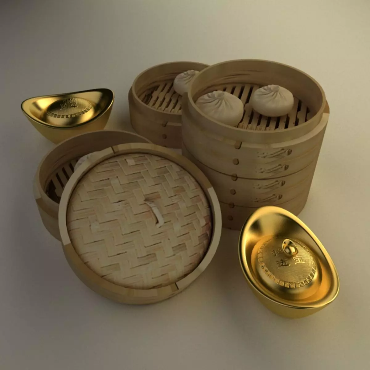 Chinese gold Ingot  and bamboo steamer  3D model_0