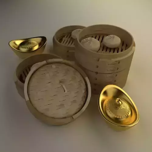 Chinese gold Ingot  and bamboo steamer 