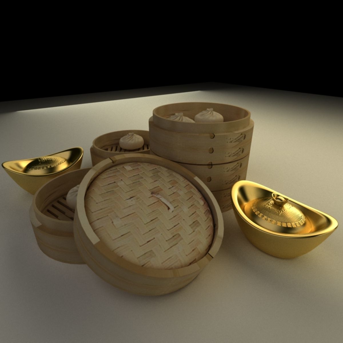 Chinese gold Ingot  and bamboo steamer  3D model_1